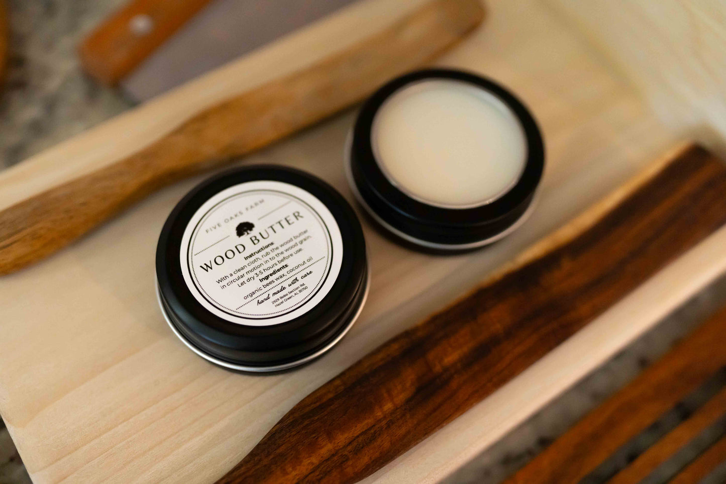 Jar of Five Oaks Farm Wood Butter from the Farm, showcasing natural wood treatment with a rustic label and wooden lid.