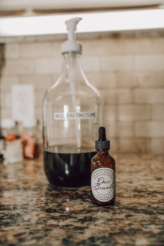 Onic Brands Elemental Mullein tincture bottle with dropper, natural herbal supplement for respiratory health.