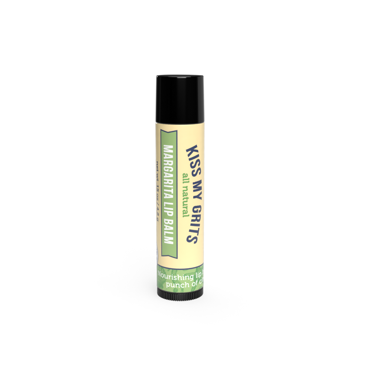 Salacia Salts Kiss My Grits Margarita Lip Balm features a light margarita citrus flavor. This mostly yellow tube with black cap and green accents nourishes lips and is ideal for anyone who loves unique lip balm flavors.