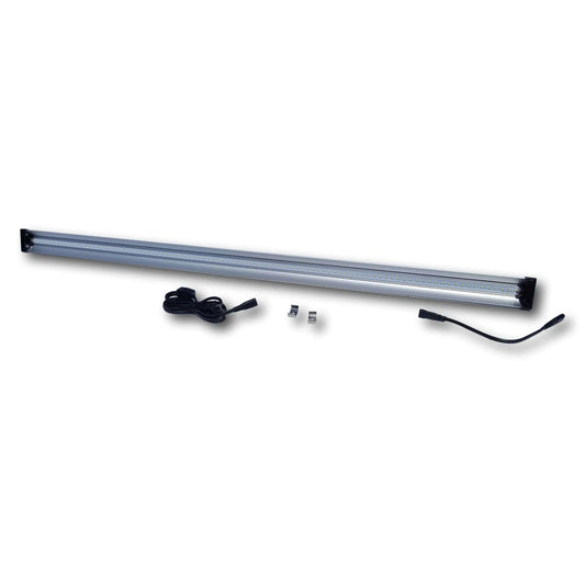 Product shot of a long, silver LED light bar with numerous bright LEDs, a black power cord, and two small metal clips for mounting shown on a white background