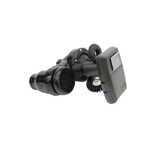 The Bootstrap Farmer LEIT 1 Irrigation Controller with 3/4 Anti-Siphon Valve elegantly combines precise engineering, much like photovoltaic modules. It features a sleek design and intuitive control panel on a white background, connected by a black coiled cord.