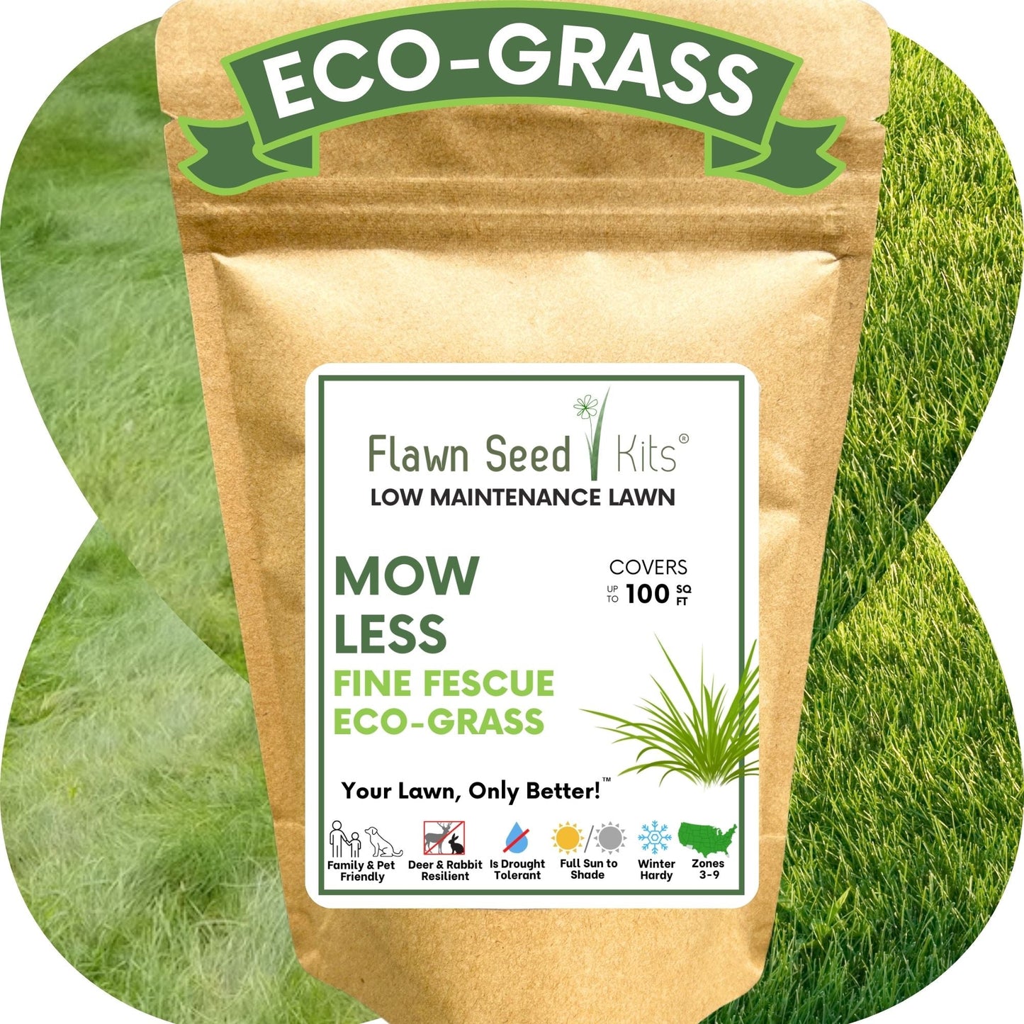 Flawn Seed Kits Mow Less Grass Seed in seed tape form, showing green grass seed strips ready for planting.