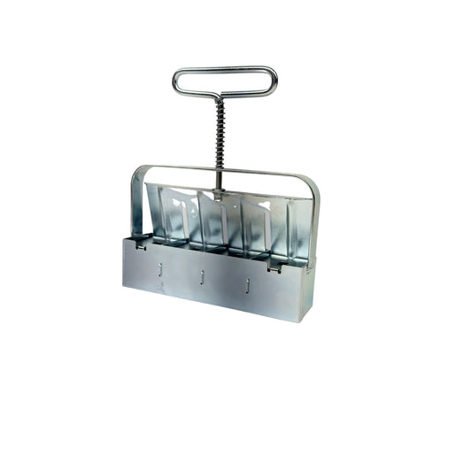 Metal unknown artist multi-compartment planting tool with a handle and spring mechanism showing detailed metalwork and subtle color variations in the galvanized finish