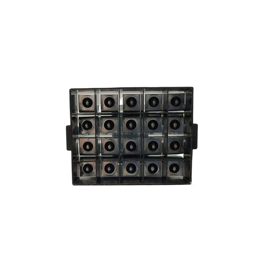 Plastic product shot of a black rectangular object with twenty small, dark circular elements arranged in a grid, showing subtle reflections and glossy surfaces