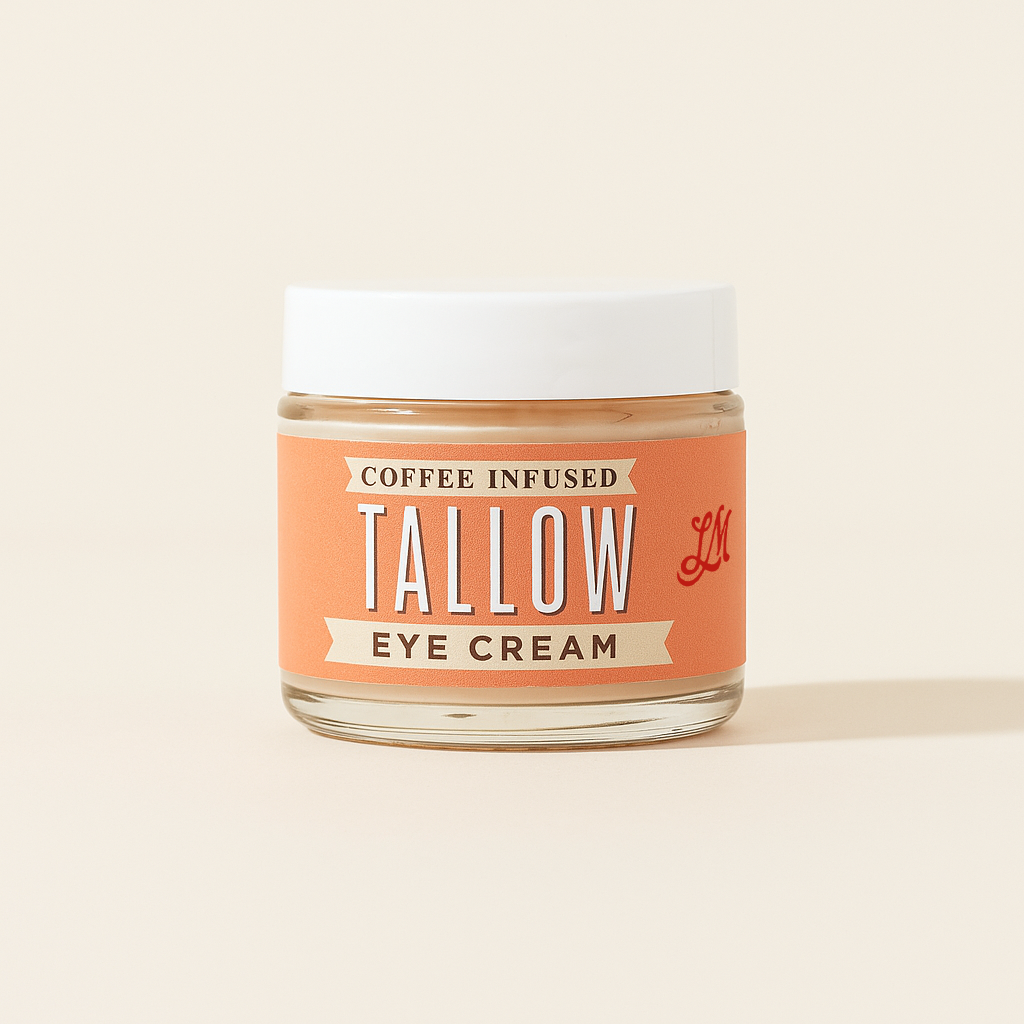 Lady May Coffee-Infused Tallow Eye Cream jar on white background, showing the natural, brightening body cream for revitalized skin.