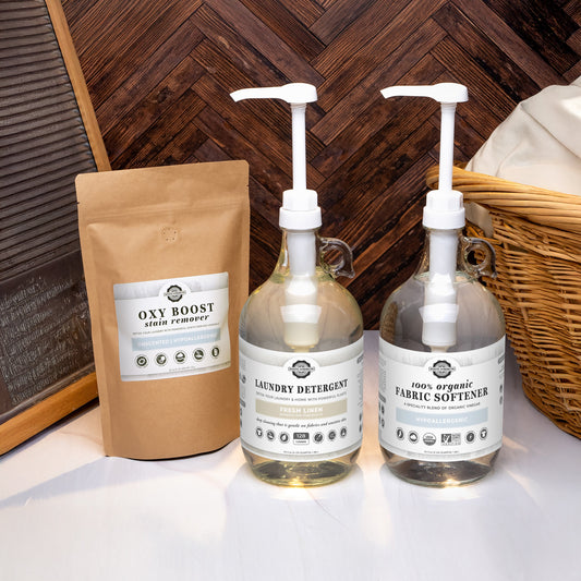 Rustic Strength Laundry Detox Set with glass bottle, featuring fresh linen scent for natural laundry cleaning and detoxification.