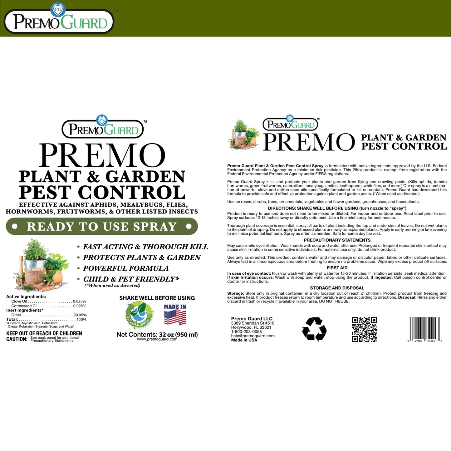 Plant and Garden Pest Control Spray - 32 oz - Plant Based All All Natural Non-Toxic - By Premo Guard - Premo Natural Products ~ Blessings Grow Meadows