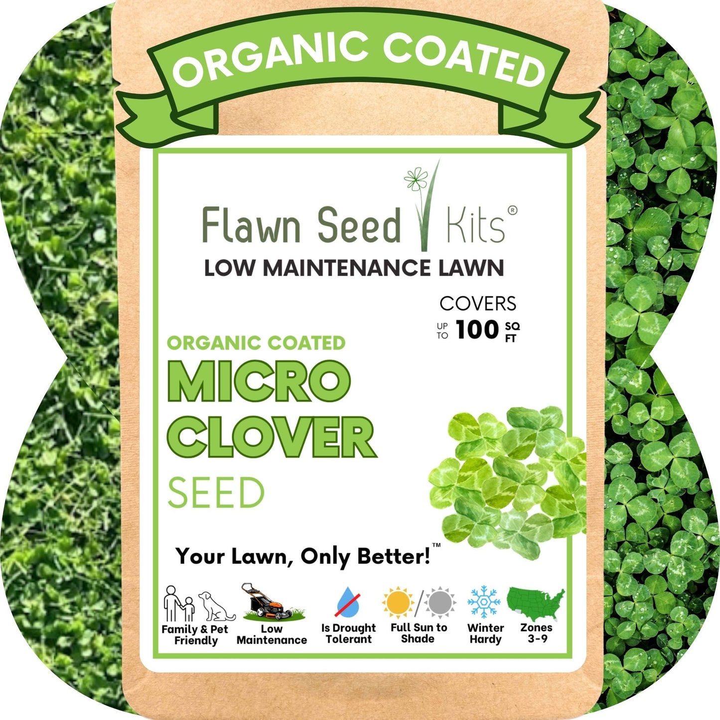 Micro clover seed pouches from Flawn Seed Kits, showing seed tape and packaging for easy planting.
