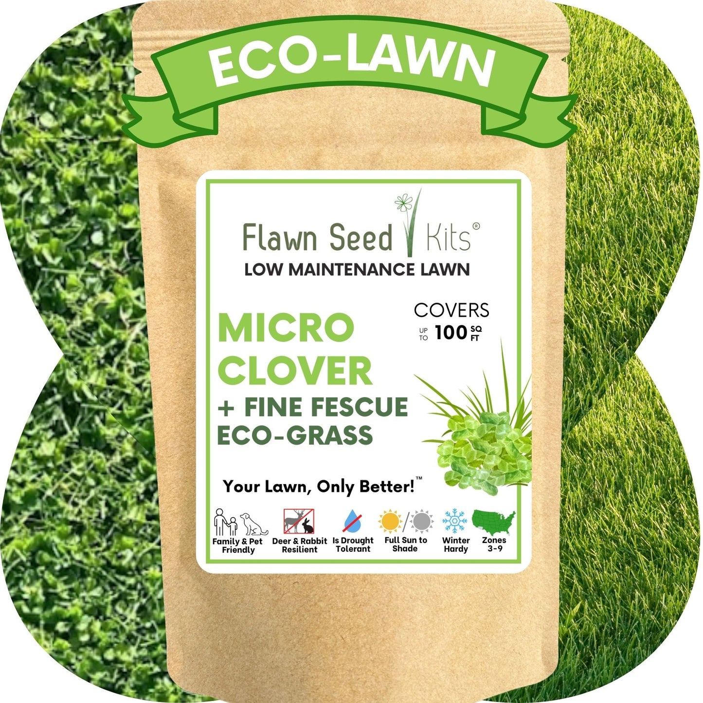 Micro Clover and Mow Less grass seed tape by Flawn Seed Kits, showing green seed tape with micro clover seeds ready for planting.