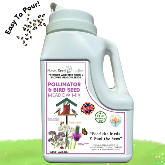 Four-pound jug of Flawn Seed Kits Pollinator and Wild Bird Seed Meadow Mix with vibrant wildflowers and seeds for attracting pollinators.