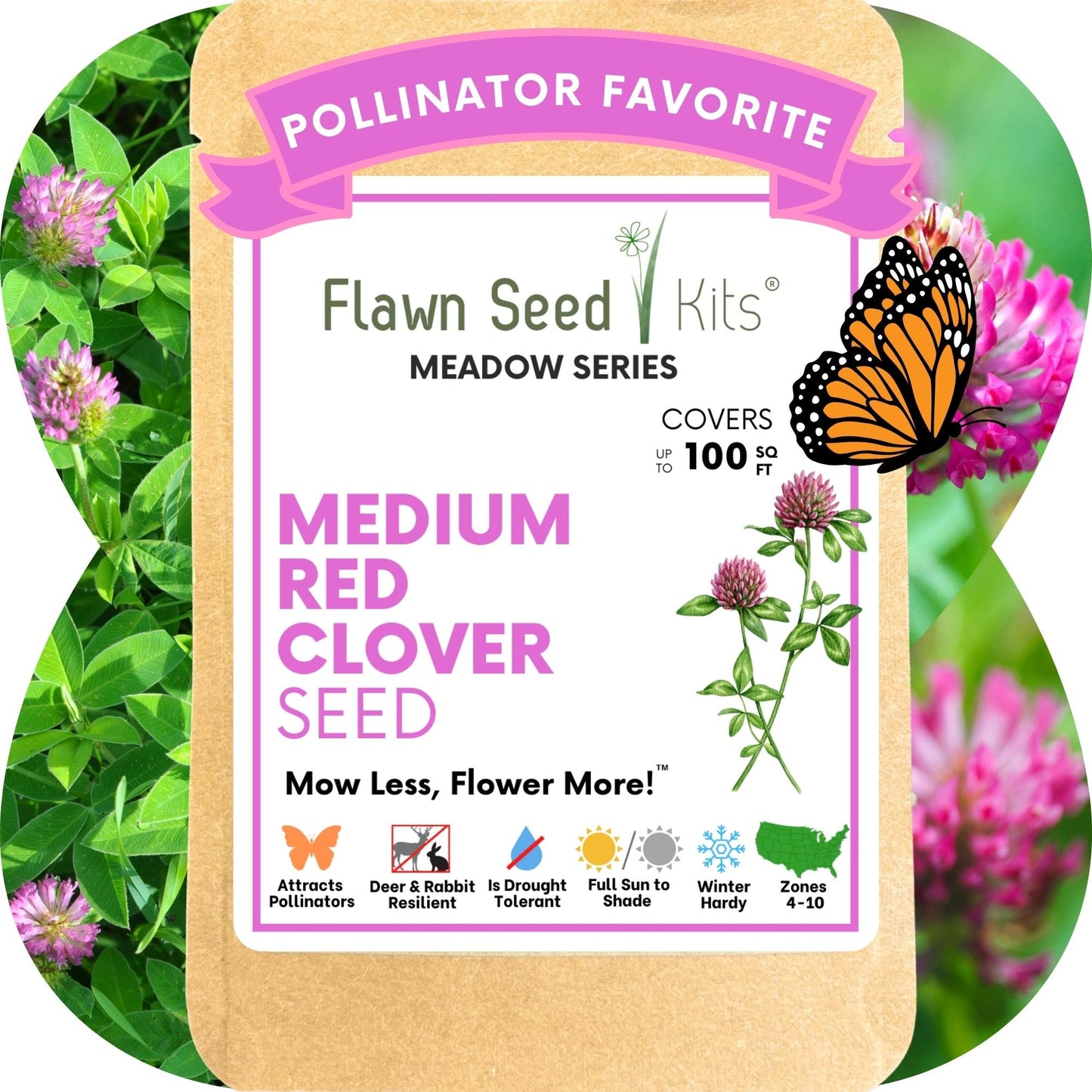Medium red clover seed pouch from Flawn Seed Kits, showcasing seed tape and seeds for planting in a natural setting.