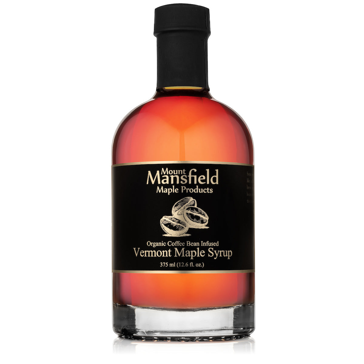 Organic Vermont maple syrup infused with coffee beans from Mount Mansfield Maple Products in a 375ml bottle.