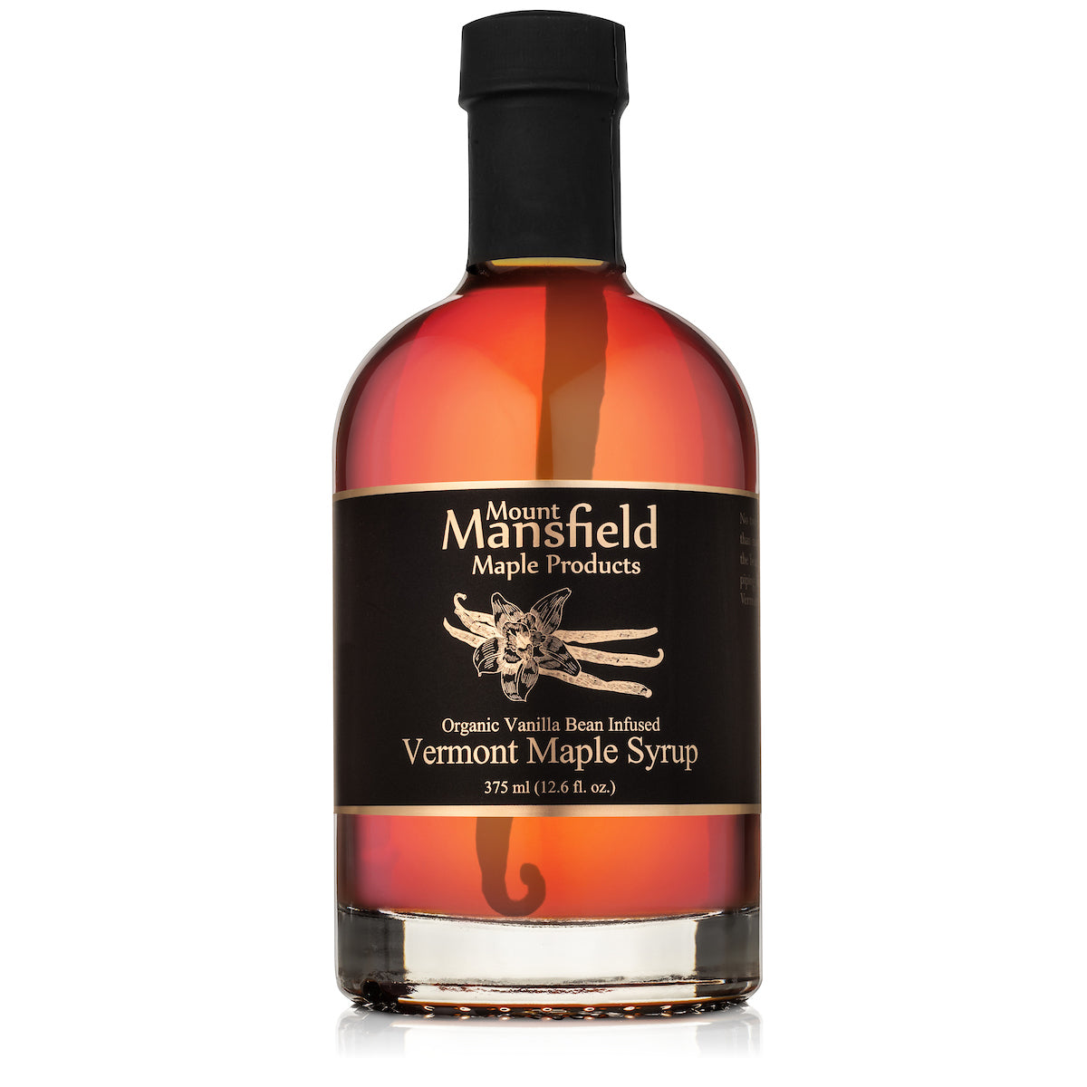 Organic vanilla bean infused Vermont maple syrup in a 375ml bottle from Mount Mansfield Maple Products.