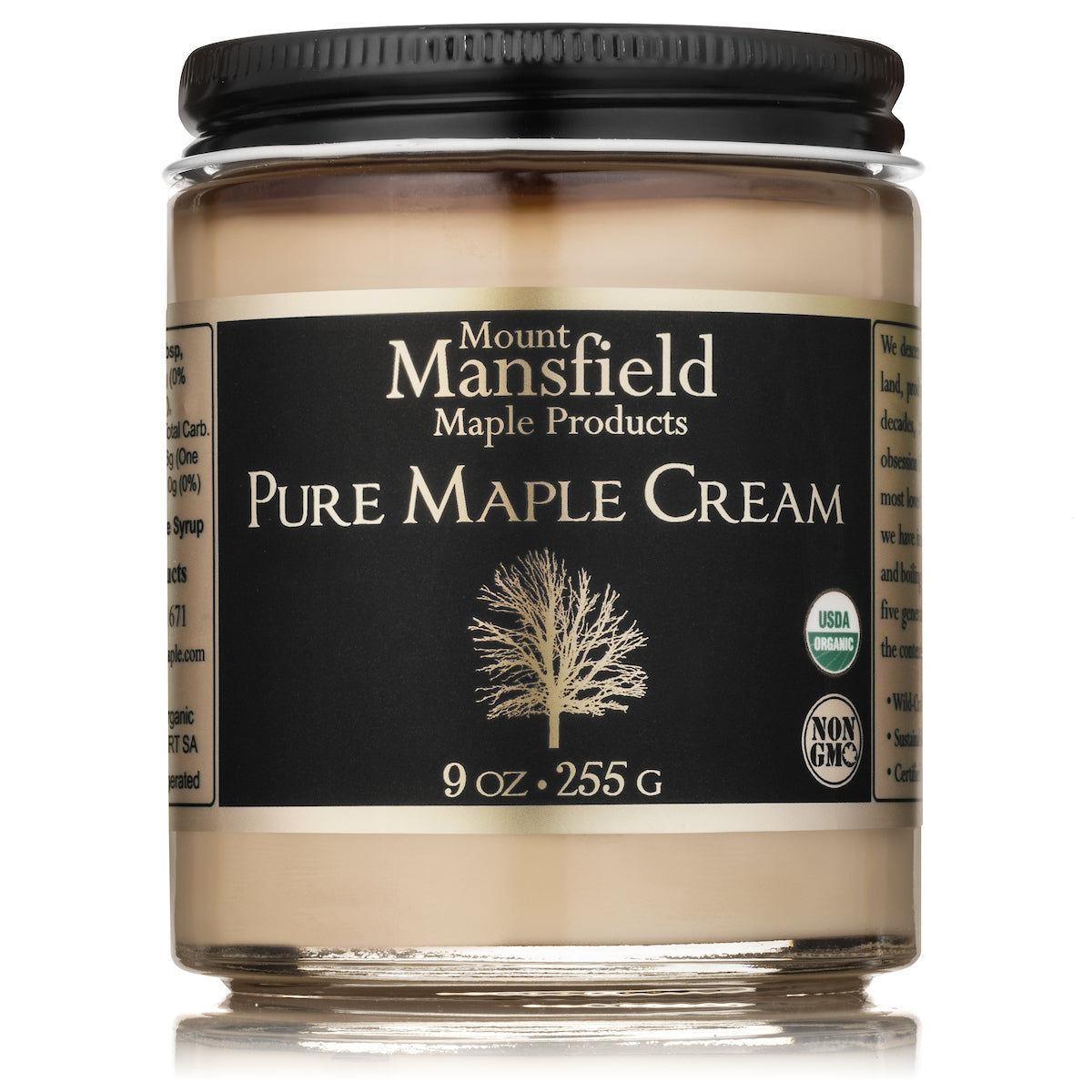 Creamy organic Vermont maple cream from Mount Mansfield Maple Products in a 9-ounce jar, showcasing smooth, rich maple spread.