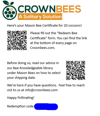 Mason bee house kit from CrownBees featuring a certificate, with a wooden bee house and nesting tubes for mason bees.