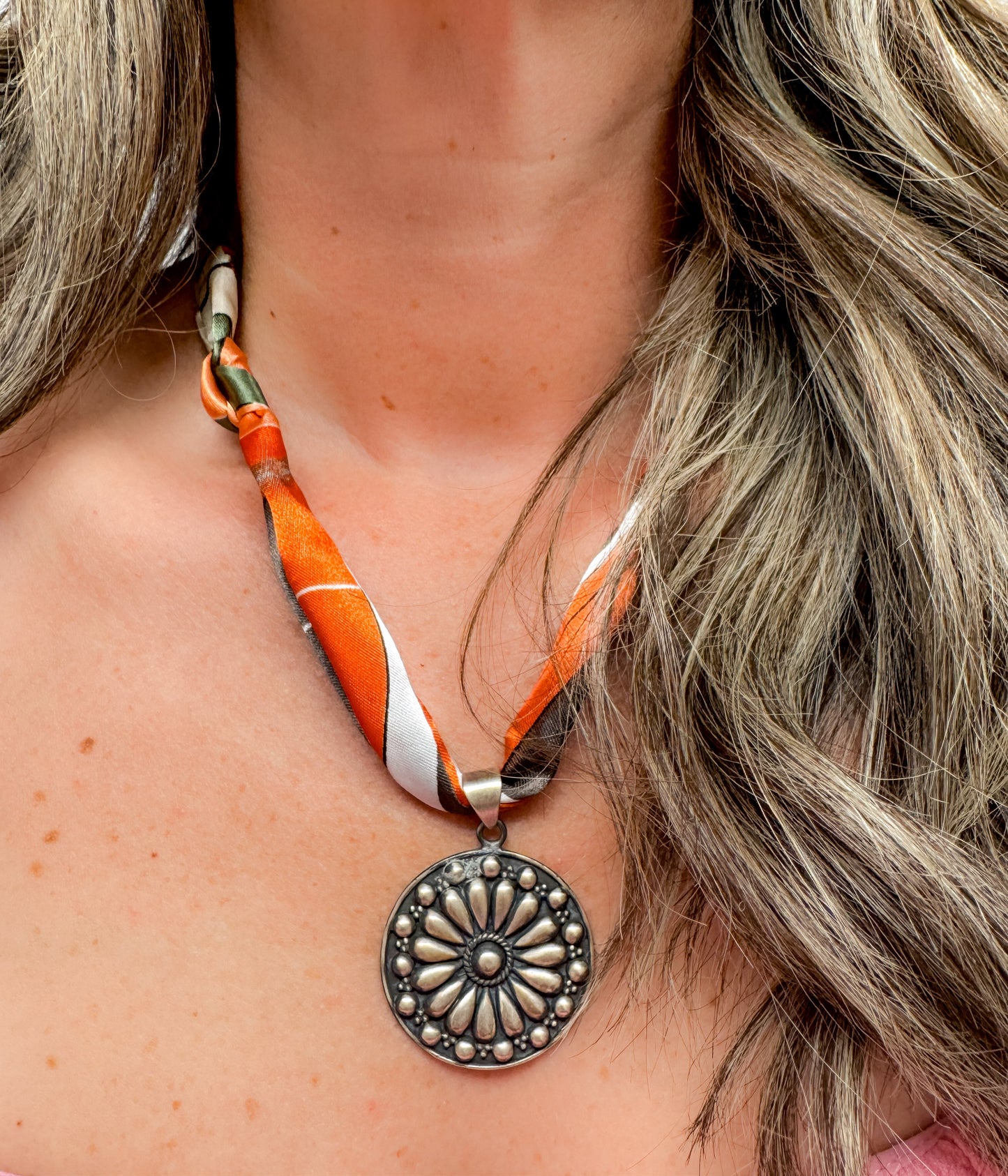 Medallion Pendant on Silk Scarf Necklace - Blessings Grow Meadows -