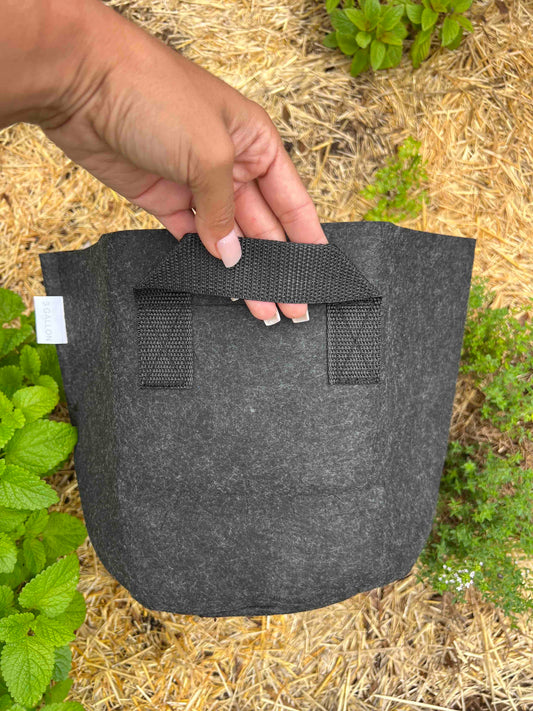 A hand holds Memes Fabric Worm Bin by Memes Worms outdoors, surrounded by straw mulch and green plants, highlighting an eco-friendly gardening solution.