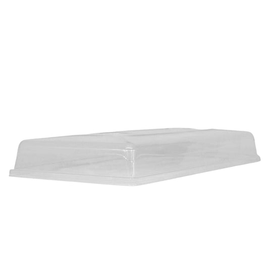Plastic rectangular food cover clear with slightly raised edges and smooth surface showing subtle light reflections