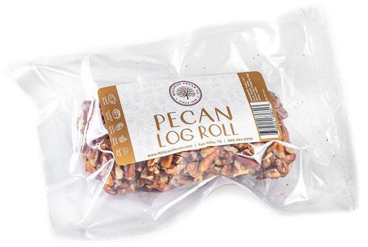 Millican Pecan Log Rolls, delicious pecan treats with a rolled shape and nutty texture, displayed on a white plate.
