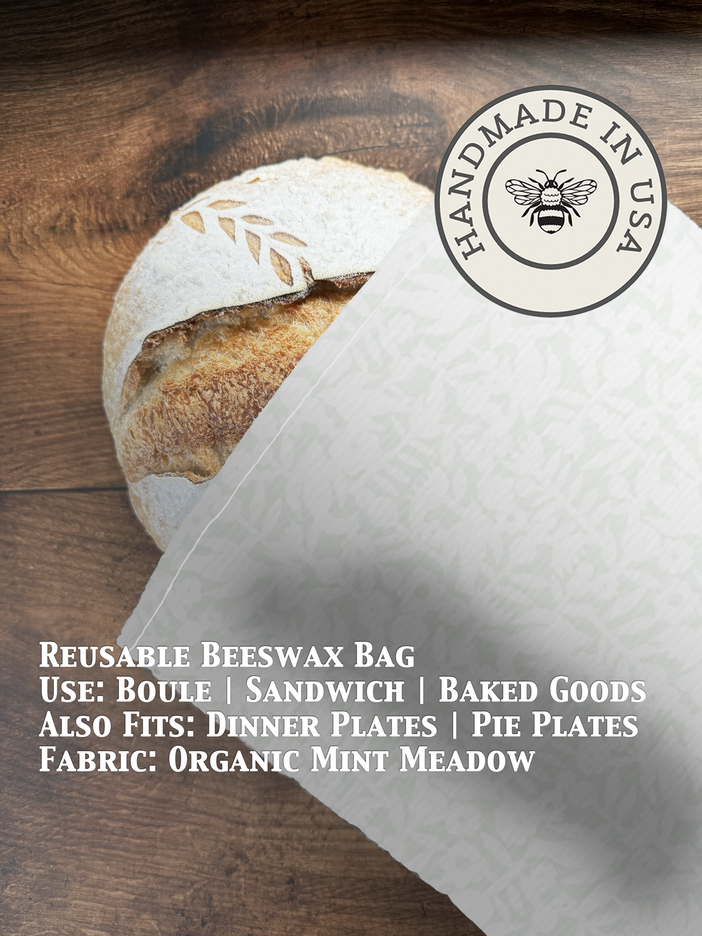 Beeswaxed bread bag from Five Oaks Farm with a mint meadow design, made for storing and carrying fresh bread.