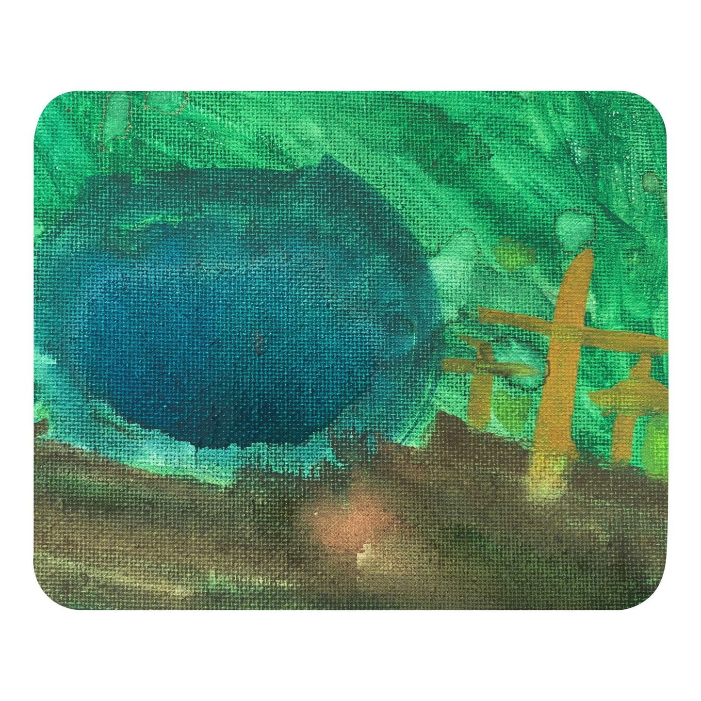 Acrylic painting depicting a vibrant teal lake and golden fence in a green landscape with hints of brown and yellow accents