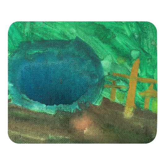 Acrylic painting depicting a vibrant teal lake and golden fence in a green landscape with hints of brown and yellow accents
