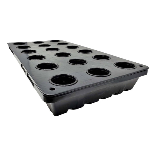 Plastic hydroponic tray showing sixteen individual planting holes with textured rims against a white background showcasing its sleek black design and practical functionality