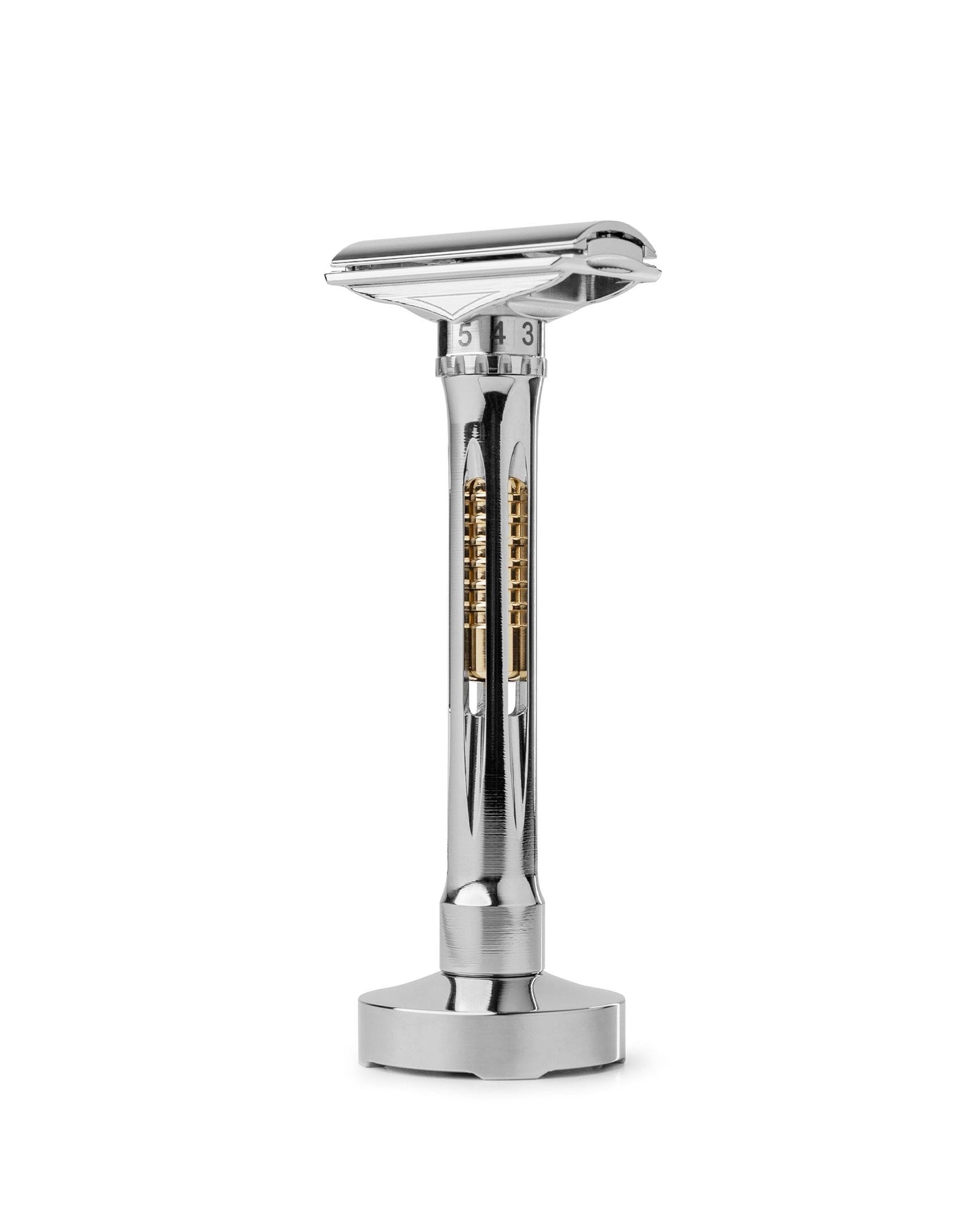 Polished Osprey Razor by Blackland Razors displayed on stand, showcasing sleek metal finish and craftsmanship.