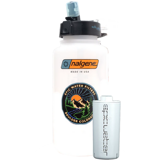 Epic Water Filters USA OG Ultimate Travel Bottle, clear plastic bottle with black lid and ergonomic design for on-the-go hydration.