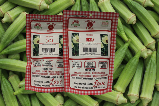 Freeze dried okra by Double L Ranch, showcasing vibrant green, sliced okra pods on a clean background.