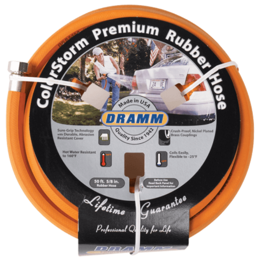 Orange Dramm ColorStorm 50-foot premium rubber garden hose with reinforced construction and high-quality fittings.