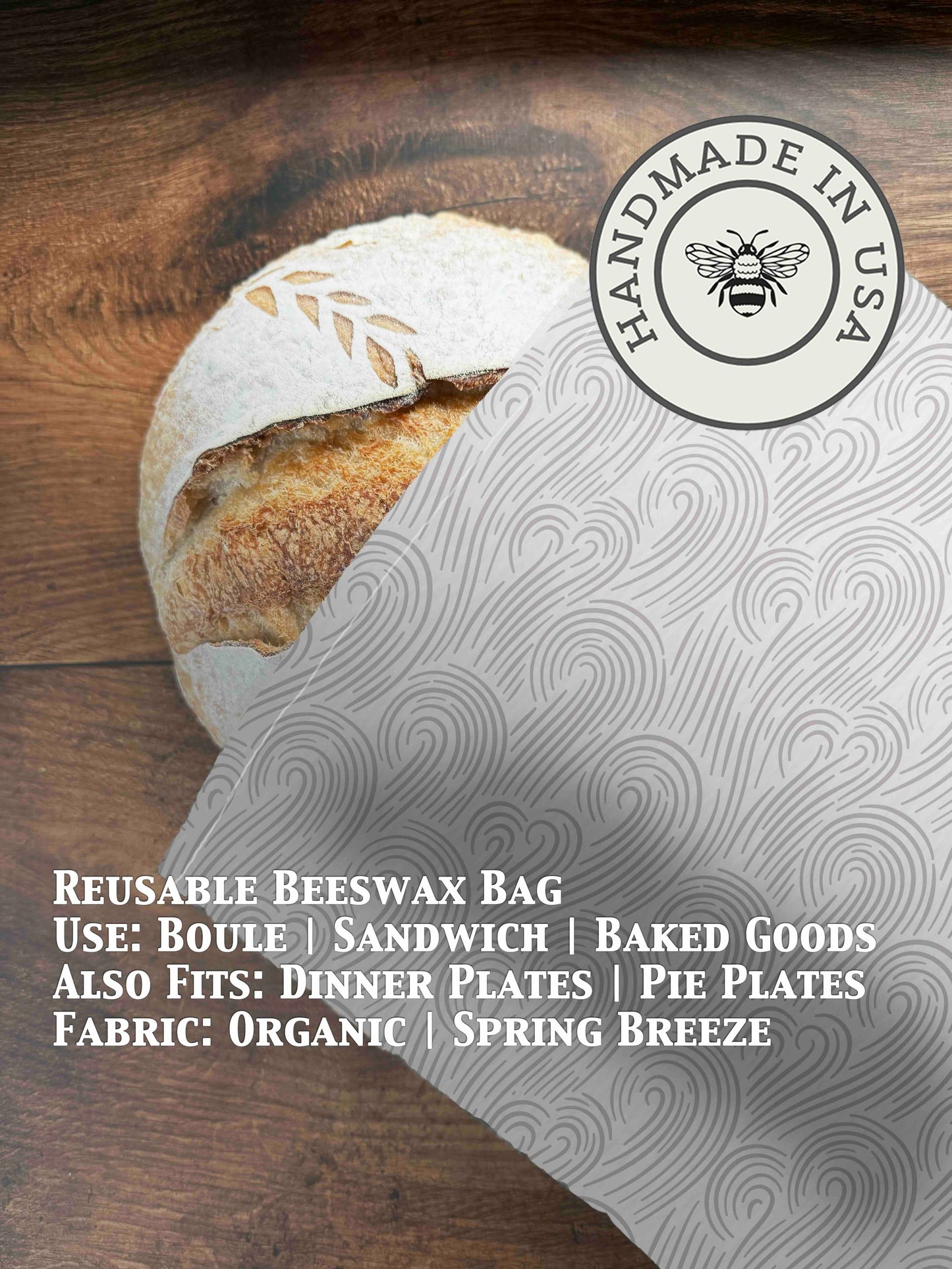 Organic beeswaxed bread bag from Five Oaks Farm, featuring a natural spring breeze design for eco-friendly bread storage.