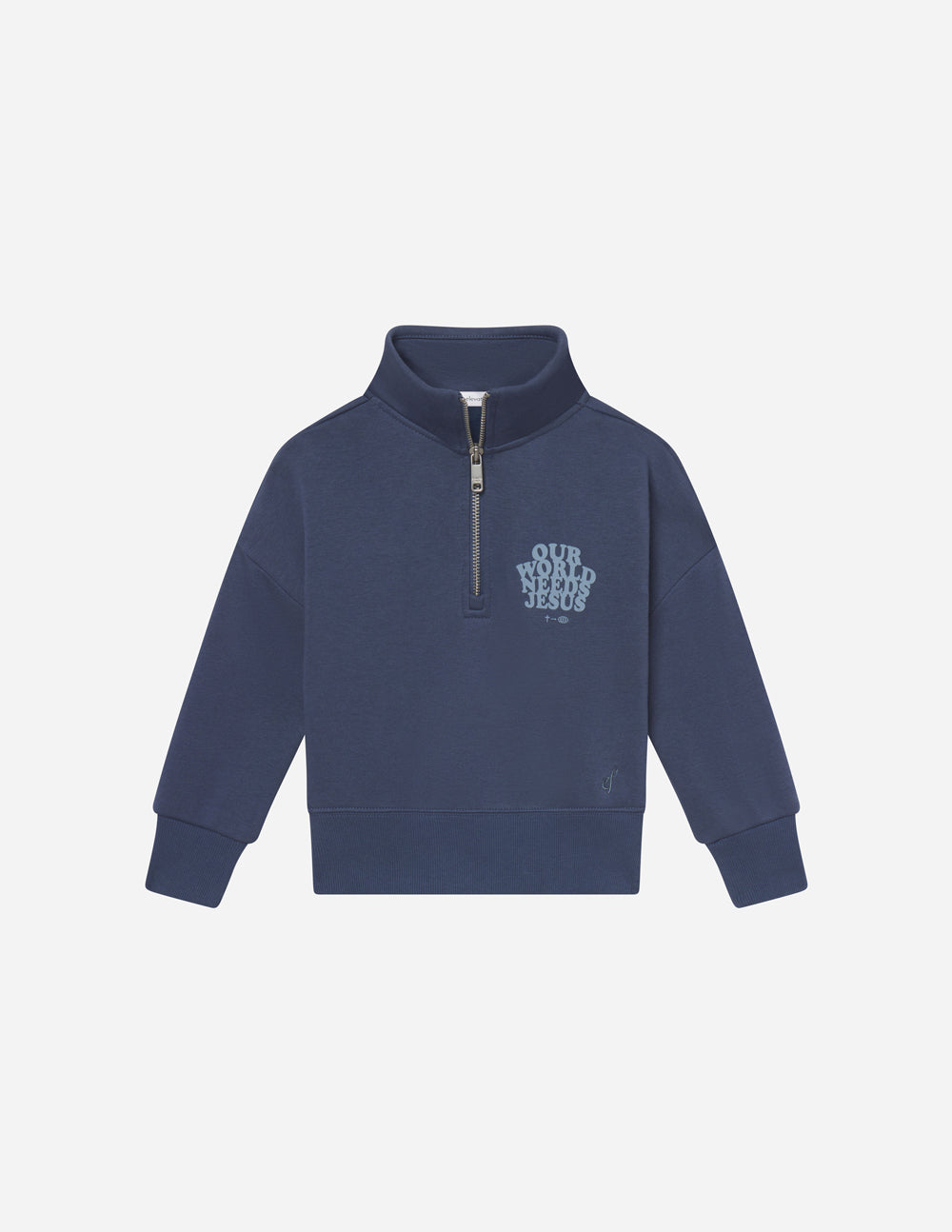 Kids jacket by Elevated Faith with "Our World Needs Jesus" print, featuring a half-zip design and soft fabric in vibrant colors.