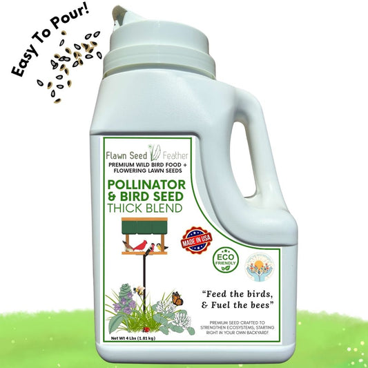 Four-pound jug of Flawn Seed Kits Pollinator and Wild Bird Seed Thick Bee Lawn Blend with colorful flowers and lush grass.