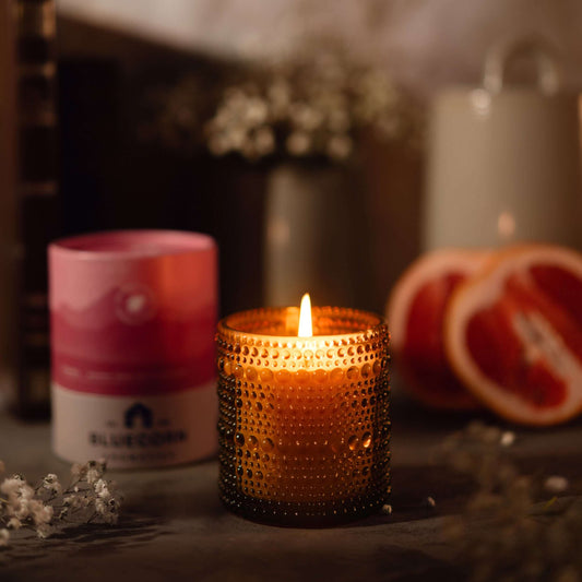Bluecorn Candles Paloma scented candle in a clear glass holder, featuring a warm, inviting aroma and elegant glassware design.