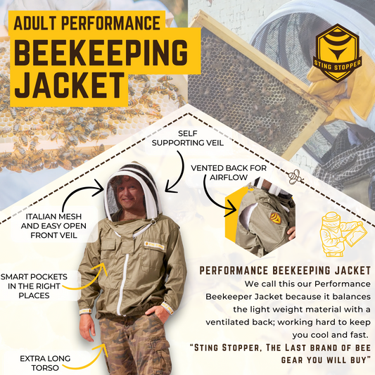 Beekeeping jacket by Foxhound Bee Company with protective mesh and breathable fabric for safe hive handling.