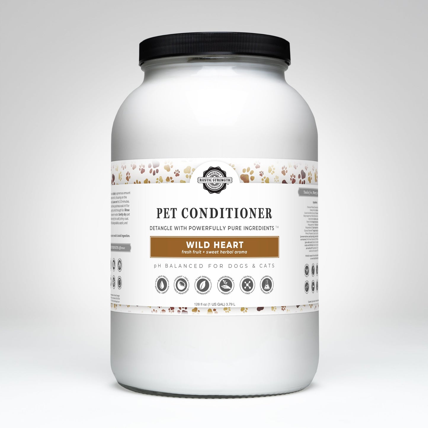 A large white Rustic Strength container labeled Pet Conditioner | Detangling & Softening | Wild Heart, for dogs and cats. This non-toxic, pH-balanced formula features coconut oil and shea butter for natural conditioning.