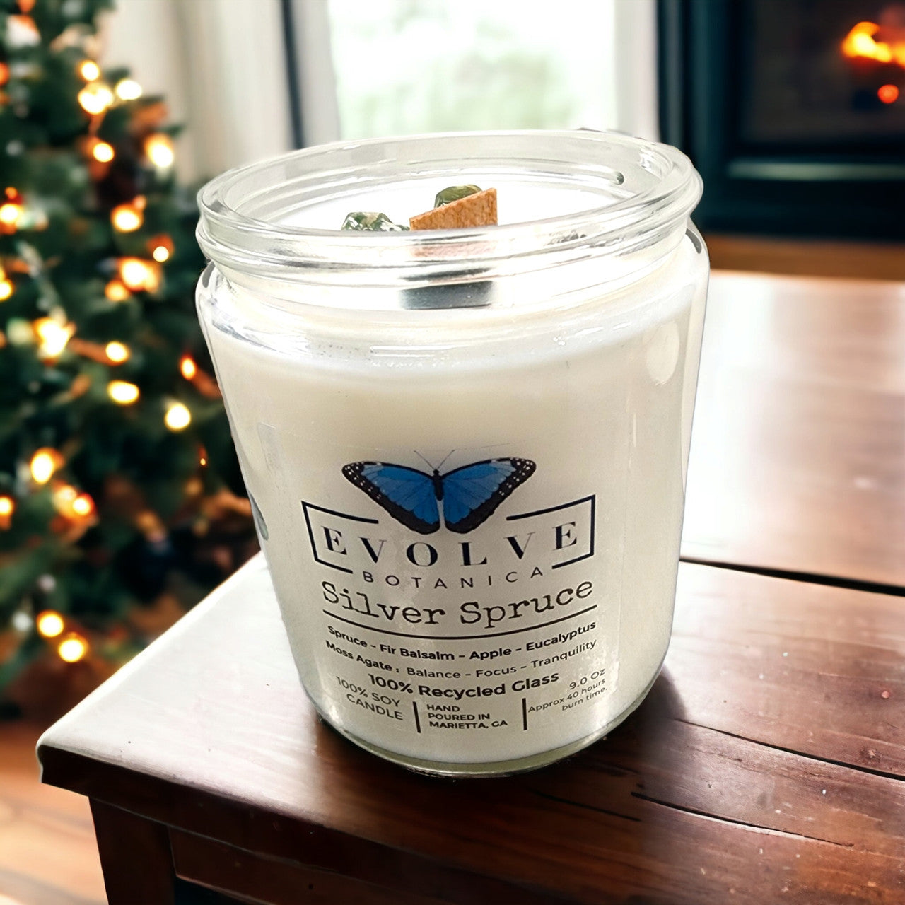 Classic 9oz Jam Jar Crystal Soy Candle - Silver Spruce (Moss Agate)