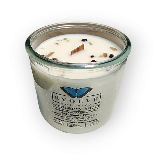 Evolve Botanica Rocks Candle Cranberry Woods with wood wick, garnet and smoky quartz gemstones, soy wax, cozy and decorative.