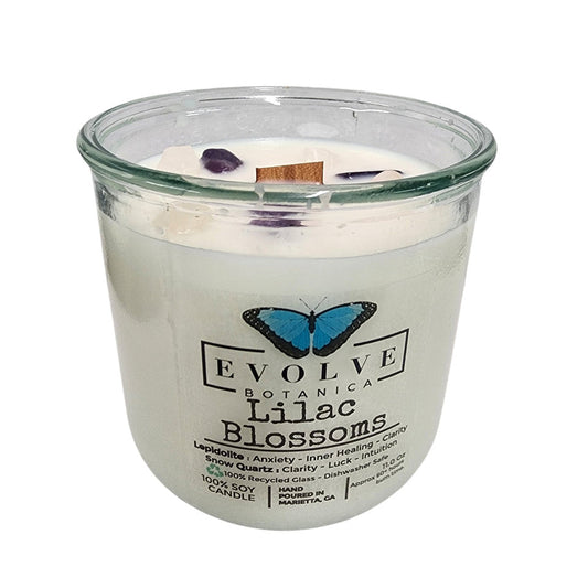 Evolve Botanica Rocks Candle Lilac Blossoms with wood wick and Lepidolite gemstone, soy-based and beautifully crafted.