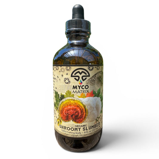 Mycomatrix Shroomy Slumber adaptogenic mushroom extract bottle from Mushroom Mountain with label and dropper cap.