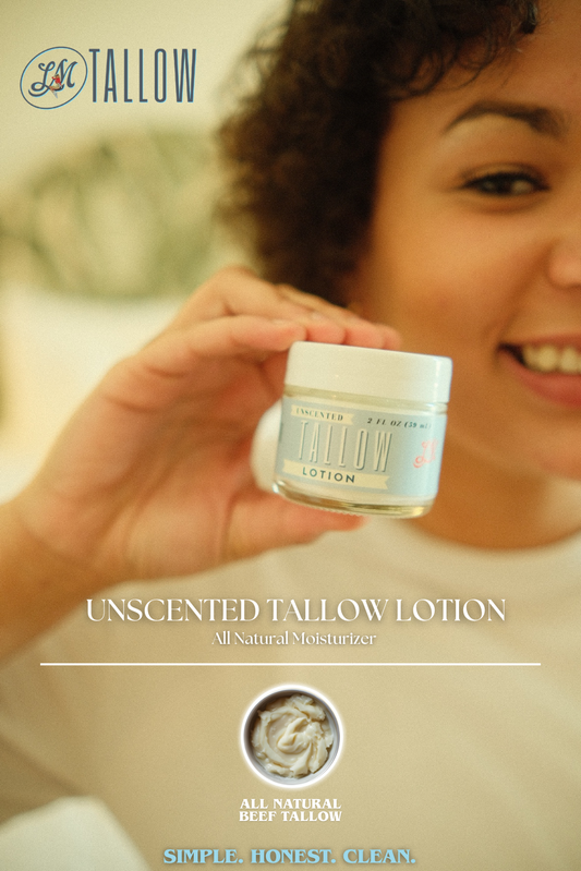 Unscented Lady May Tallow Body Lotion with natural tallow, preservative-free, creamy moisturizer in a white tube.