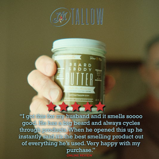 A hand holds Lady May Tallow’s Natural Beard Butter for Men Tobacco Vanilla. Below, a five-star review praises its scent and quality as an all-natural beard and skin care moisturizer, expressing high satisfaction with the purchase.