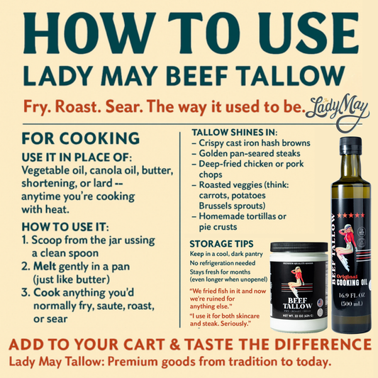 Premium grass-fed beef tallow cooking oil from The Lady May, showcasing a jar of high-quality beef tallow for flavorful cooking.