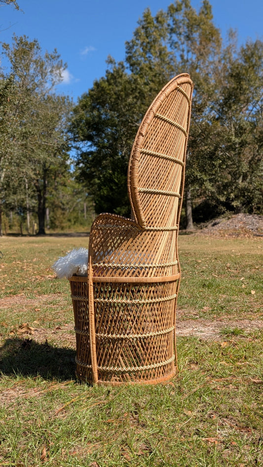 Wicker peacock chair outdoors in a grassy field with tall trees and a fluffy white cushion showcasing its intricate woven pattern and light beige coloring
