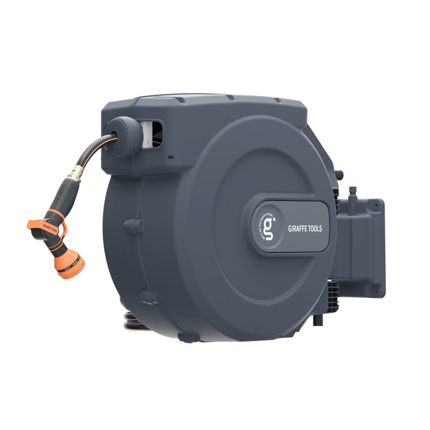 Giraffe Tools US retractable garden hose reel, 5/8 inch diameter, 115 feet length, mounted on a garden wall with hose reel in use