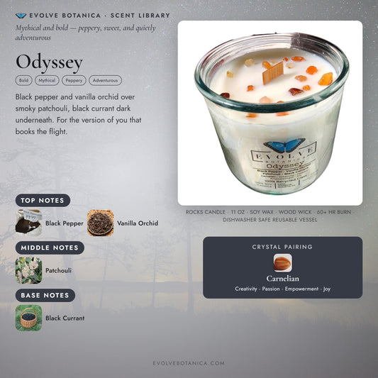 Evolve Botanica Rocks Candle Odyssey with wood wick and carnelian gemstone, soy wax in a decorative glass container.