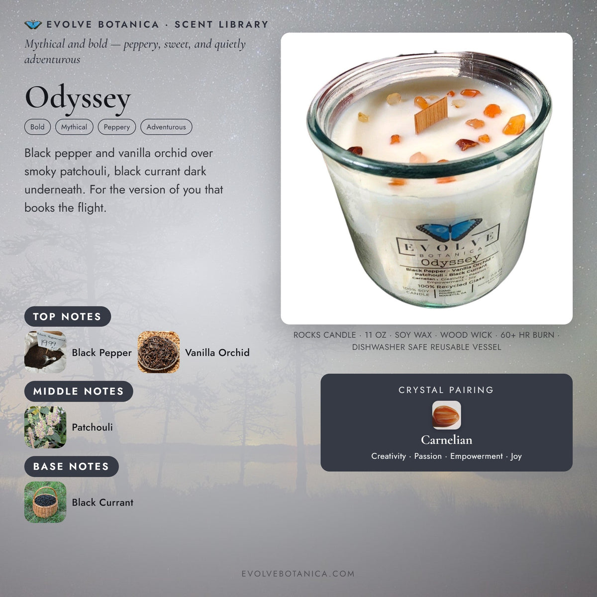 Evolve Botanica Rocks Candle Odyssey with wood wick and carnelian gemstone, soy wax in a decorative glass container.