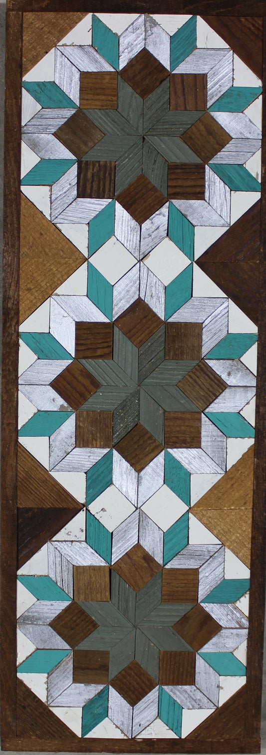 Amish handmade barn quilt banner featuring traditional geometric patterns in vibrant colors, measuring 10.5 x 30 inches.
