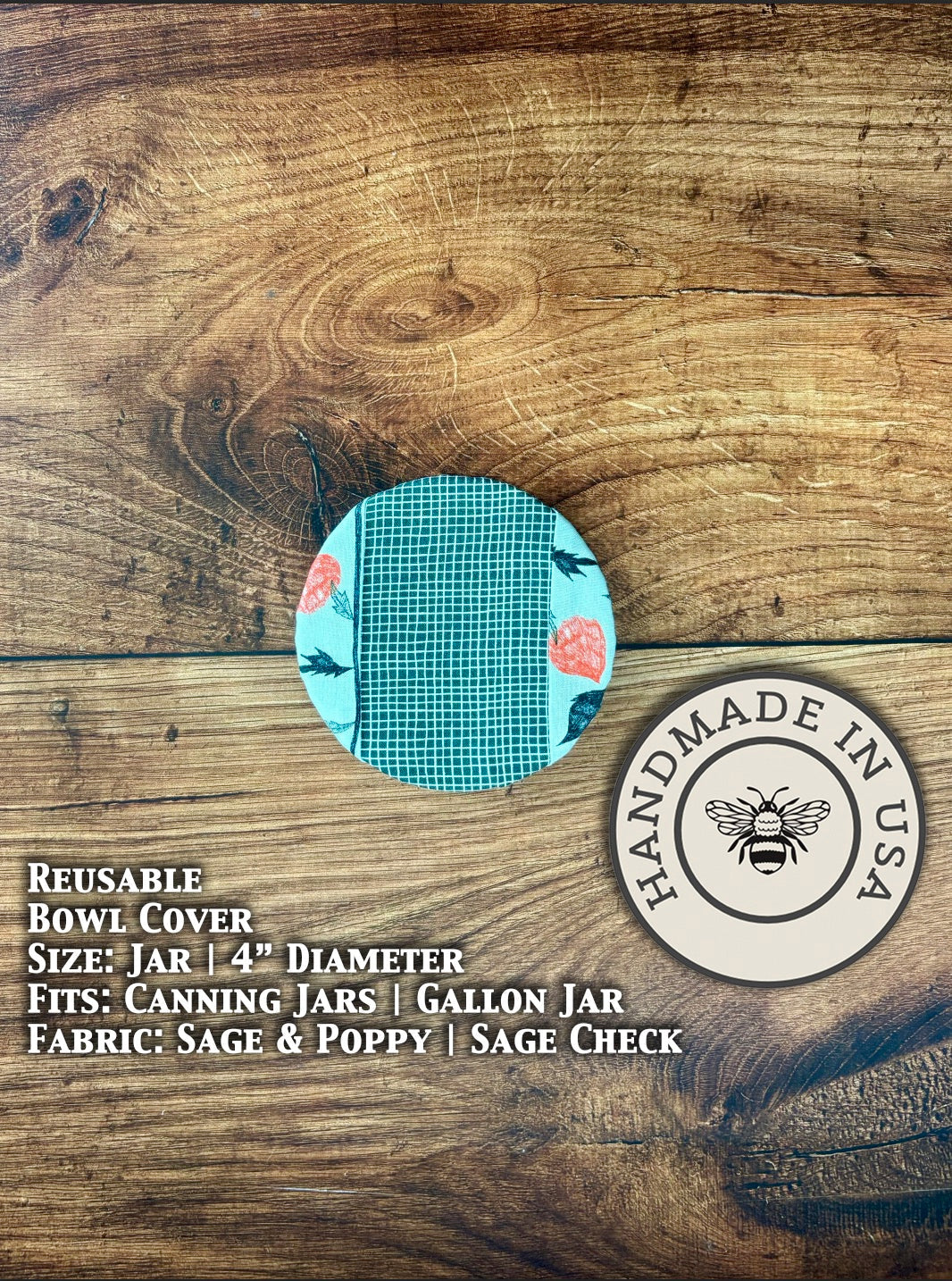 Sage and poppy check jar cover from Five Oaks Farm, made for preserving jars with rustic farmhouse style.